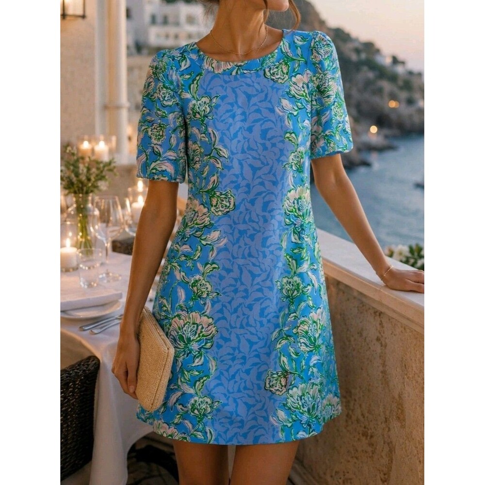Lilly Pulitzer XXS Blue Floral Puff Sleeve Shift Dress Resort Coastal